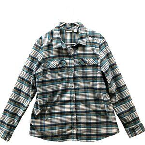 L.L. Bean Flannel Shirt Womens XL Blue White Plaid Teal Long Sleeve